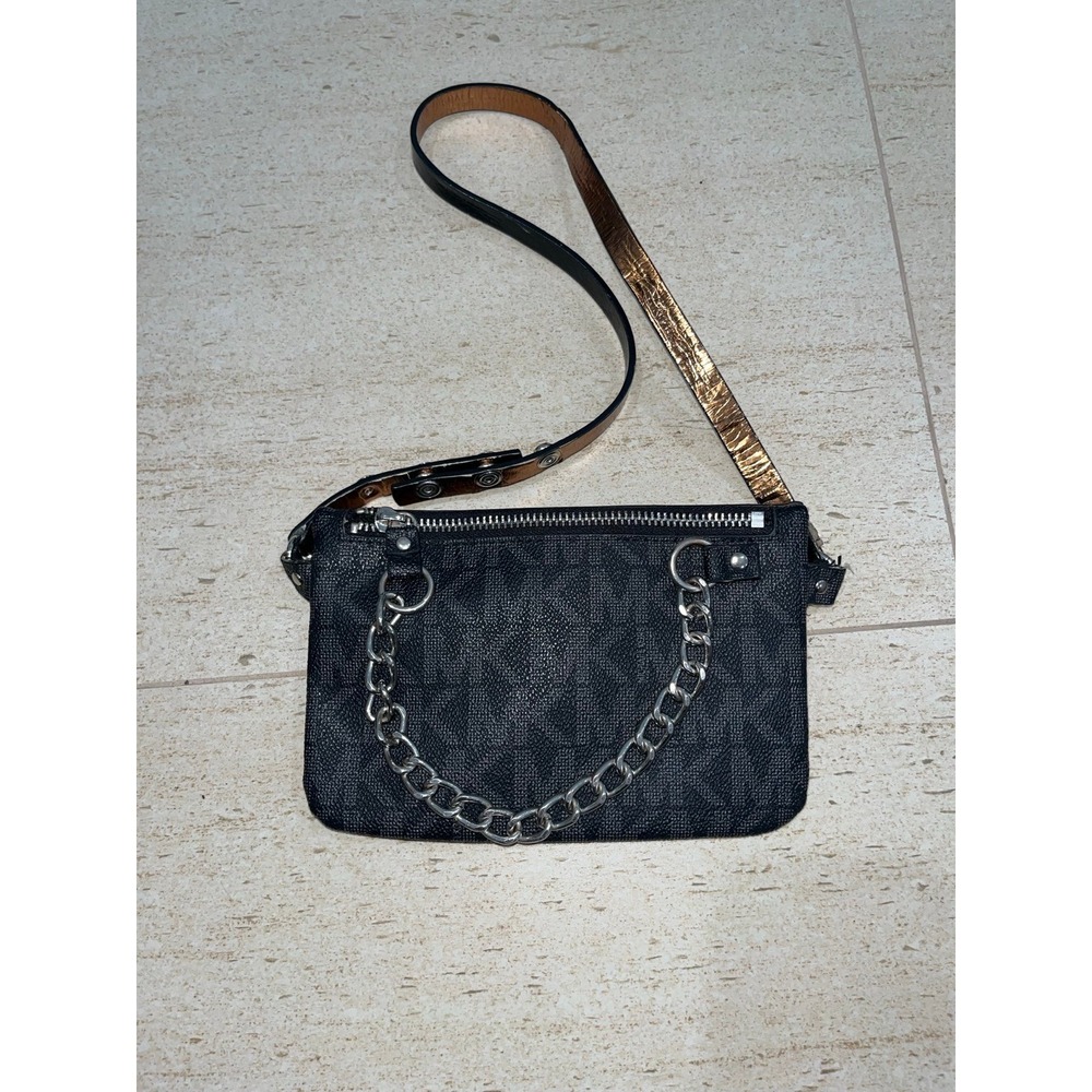 Michael Kors Chain Belt Bag MK Logo Black Silver Fanny Pack Small Waist Pouch